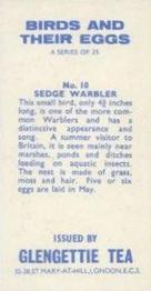 1970 Glengettie Tea Birds and Their Eggs #10 Sedge Warbler Back
