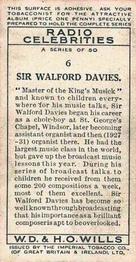 1934 Wills's Radio Celebrities #6 Sir Walford Davies Back