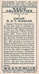1934 Wills's Radio Celebrities #9 Captain H. B. T. Wakelam Back