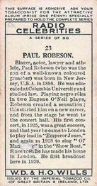 1934 Wills's Radio Celebrities #23 Paul Robeson Back