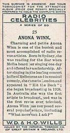 1934 Wills's Radio Celebrities #25 Anona Winn Back