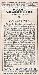 1934 Wills's Radio Celebrities #27 Marjery Wyn Back