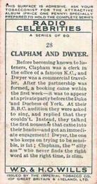 1934 Wills's Radio Celebrities #28 Charles Clapham / William Henry Dwyer Back