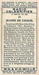 1934 Wills's Radio Celebrities #29 Jeanne de Casalis Back