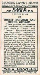 1934 Wills's Radio Celebrities #30 Ernest Butcher / Muriel George Back
