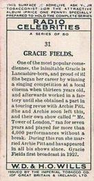 1934 Wills's Radio Celebrities #31 Gracie Fields Back