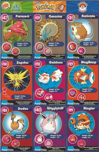 1999 Burger King Pokemon - Perforated Panels #6 Parasect / Omastar / Raticte / Zapdos / Goldeen / Magikarp / Doduo / Wigglutuff / Kingler Front