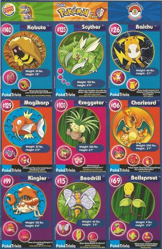 1999 Burger King Pokemon - Perforated Panels #8 Kabuto / Scyther / Raichu / Magikarp / Exeggutor / Charizard / Kingler / Beedrill / Bellsprout Front