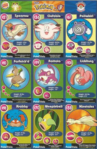 1999 Burger King Pokemon - Perforated Panels #9 Spearow / Cleftable / Poliwhirl / Farfetch'd / Rattata / Lickitung / Krabby / Weepinbell / Ninetales Front