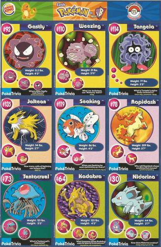 1999 Burger King Pokemon - Perforated Panels #11 Gastly / Weezing / Tangela / Jolteen / Seaking / Rapdash / Tentacruel / Kadabra / Nidorina Front