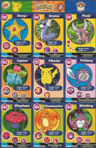1999 Burger King Pokemon - Perforated Panels #13 Staryv / Dratini / Pinsir / Ivysaur / Pikachu / Poliwag / Vileplume / Charmander / Nidoking Front