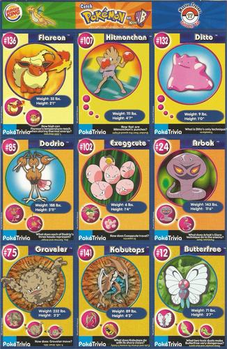 1999 Burger King Pokemon - Perforated Panels #17 Flareon / Hitmonchan / Ditto / Dodrio / Exeggcute / Arbok / Graveler / Kabutops / Butterfree Front