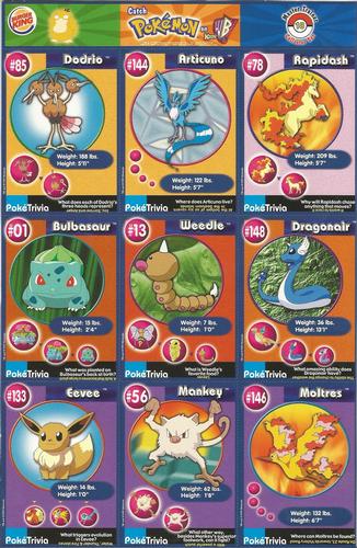 1999 Burger King Pokemon - Perforated Panels #18 Dodrio/Articuno/ Rapidash/ Bulbasaur/ Weedle/ Dragonair/ Eevee/ Mankey/ Moltres Front