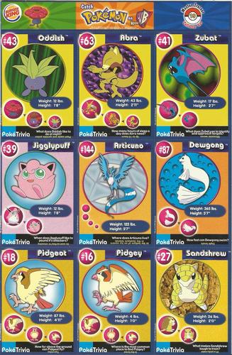 1999 Burger King Pokemon - Perforated Panels #19 Oddish / Abra / Zubat / Jigglypuff / Articuno / Dewgong / Pidgeot / Pidgey / Sandshrew Front
