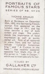 1935 Gallaher Portraits of Famous Stars #26 Yvonne Arnaud Back