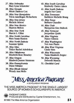 1993 Miss America Pageant Contestants #51 Checklist Back