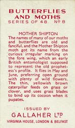 1938 Gallaher Butterflies and Moths #8 Mother Shipton Back