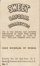 1914-15 Sweet Caporal World War I (T121) #1 Czar Nicholas of Russia Back