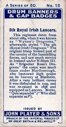 1924 Player's Drum Banners & Cap Badges #18 5th Royal Irish Lancers Back