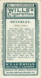 1905 Wills's Borough Arms 4th Series #193 Beverley Back