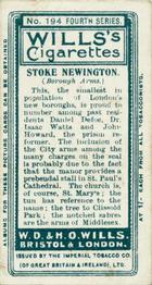 1905 Wills's Borough Arms 4th Series #194 Stoke Newington Back