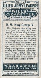 1917 Wills's Allied Army Leaders #12 H.M. King George V Back