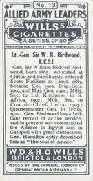 1917 Wills's Allied Army Leaders #13 Lt.-Gen. Sir W. R. Birdwood, K.C.S.L Back