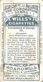 1911 Wills's The Coronation Series #28 Coronation of George III Back