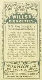 1911 Wills's The Coronation Series #37 HM King George V in Full Coronation Robes Back