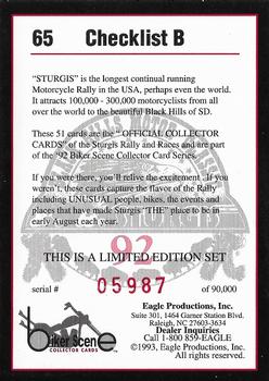 1993 Eagle Productions Black Hills Motor Classic Sturgis #65 Checklist B Back