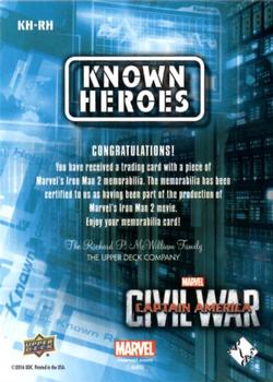 2016 Upper Deck Captain America Civil War (Walmart) - Known Heroes #KH-RH Don Cheadle Back