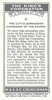 1937 Churchman's The King’s Coronation #21 The City's Submission (Ceremony of the Sword) Back