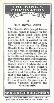 1937 Churchman's The King’s Coronation #31 The Royal Orbs Back