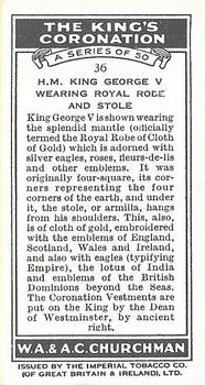 1937 Churchman's The King’s Coronation #36 H.M. King George V Wearing Royal Robe and Stole Back