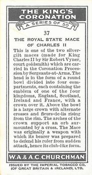 1937 Churchman's The King’s Coronation #37 The Royal State Mace of Charles II Back