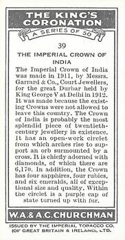 1937 Churchman's The King’s Coronation #39 The Imperial Crown of India Back