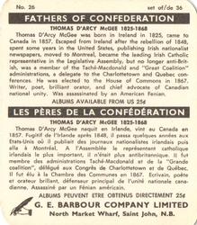 1967 G. E. Barbour Fathers of Confederation #26 Thomas D'Arcy McGee Back