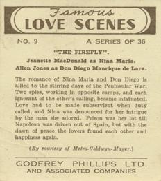 1939 Godfrey Phillips Famous Love Scenes #9 Jeanette MacDonald / Allan Jones Back