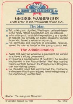 1984 Campbell Taggart Know the Presidents #1 George Washington Back