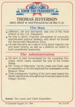 1984 Campbell Taggart Know the Presidents #3 Thomas Jefferson Back