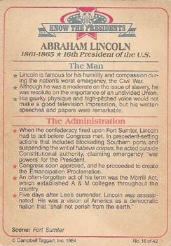 1984 Campbell Taggart Know the Presidents #16 Abraham Lincoln Back