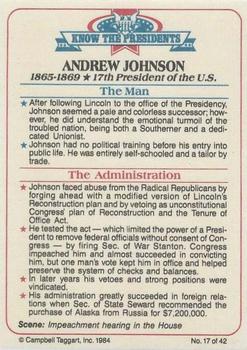 1984 Campbell Taggart Know the Presidents #17 Andrew Johnson Back