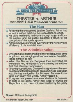 1984 Campbell Taggart Know the Presidents #21 Chester A. Arthur Back