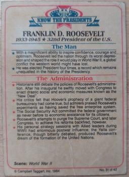 1984 Campbell Taggart Know the Presidents #31 Franklin D. Roosevelt Back