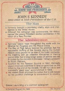 1984 Campbell Taggart Know the Presidents #34 John F. Kennedy Back