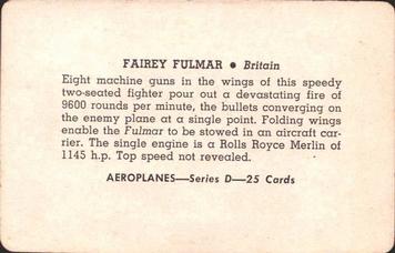 1941 Card-O Aeroplanes Series D (R112-5) #NNO Fairey Fulmar Back