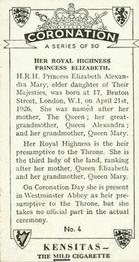 1937 Kensitas Coronation #4 Queen Elizabeth II Back