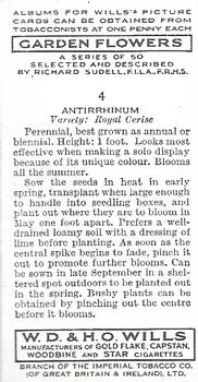 1939 Wills's Garden Flowers #4 Antirrhinum Back