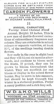 1939 Wills's Garden Flowers #11 Annual Carnation Back