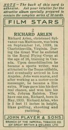 1934 Player's Film Stars #2 Richard Arlen Back